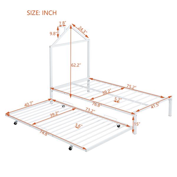 Twin Size Metal Platform Bed with twin size trundle,House-Shaped Headboard Design, White