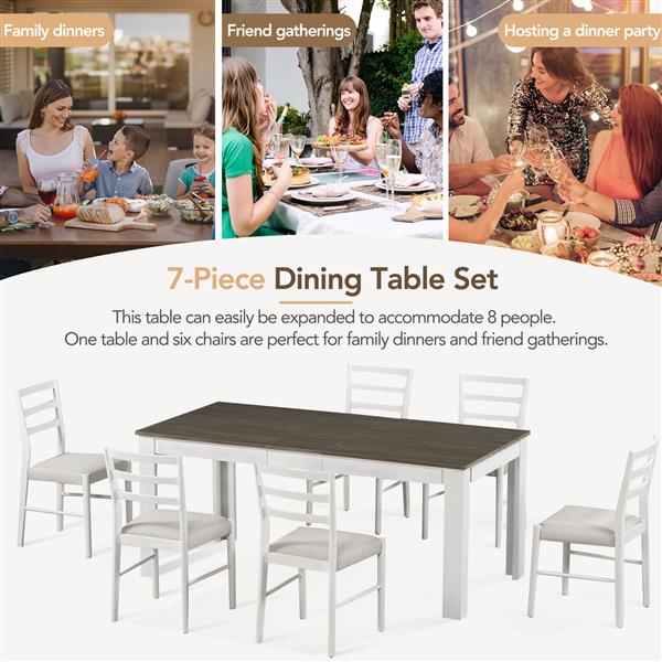 7-Piece Wooden Dining Table Set Mutifunctional Extendable Table with 12" Leaf and 2 Drawers, 6 Dining Chairs with Soft Cushion (Brown + White)