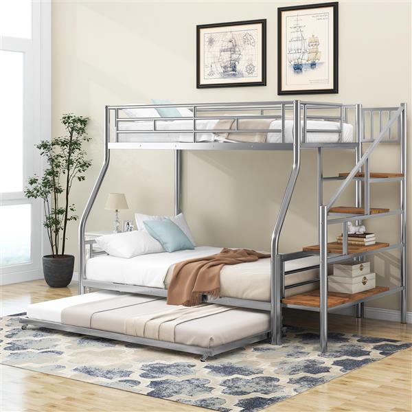 Twin over Full Size Metal Bunk Bed with Trundle and Storage Staircase, Silver