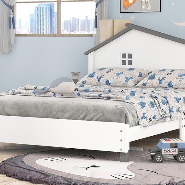 Full Size Wood Platform Bed with House-shaped Headboard  (White+Gray)