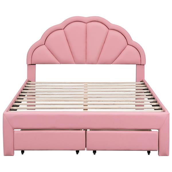 Full Size Upholstered Platform Bed with Seashell Shaped Headboard, LED and 2 Drawers, Pink