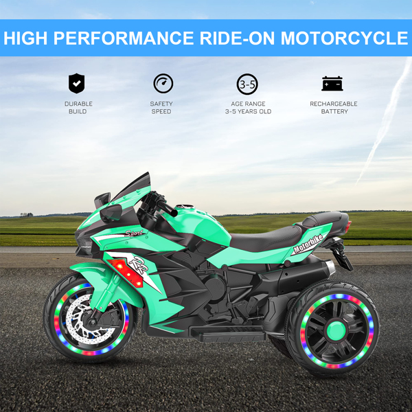 Electric Motorcycle for Kids, 12V Battery Powered Ride on Toys 3 Wheels Motorcycle with LED Lights, Bluetooth Music, Green (No shipping on weekends) (Temu, Walmart Amazon prohibited)