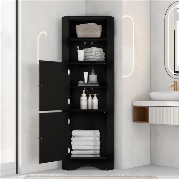 Tall Bathroom Corner Cabinet,  Storage Cabinet with Doors and Adjustable Shelves, MDF Board, Black