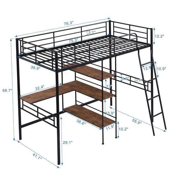 Twin Size Metal Loft Bed and Built-in Desk and Shelves,Black