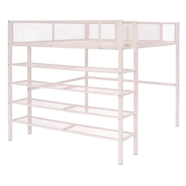 Full Size Metal Loft Bed with 4-Tier Shelves and Storage, Pink