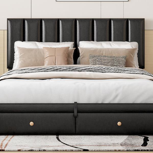 Queen Size Upholstered Bed with Hydraulic Storage System and Drawer, Black