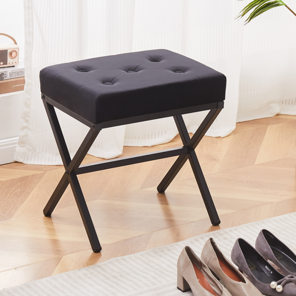 Ottoman Foot Stool Tufted Vanity Stool Ottomans Thickened Cushion Footstool Mulifunctional Shoe Changing Seat Step Stools with Metal X Leg for Living Room Bedroom Black Velvet