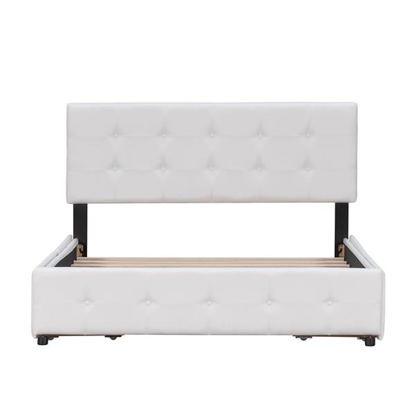 Upholstered Platform Bed with Classic Headboard and 4 Drawers, No Box Spring Needed, Linen Fabric, Queen Size White