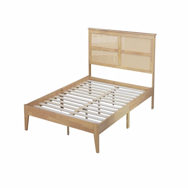 Queen Size Rubber Wooden, Solid Wooden Bed with Rattan Headboard, Enhanced by Support Feet 