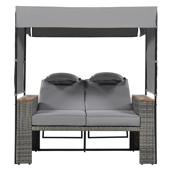 2-Piece Rattan Outdoor Patio Bench Lounge Roof Set, Effective UV Protection Fabric & Waterproof Cushions and Adjustable Backrest for Garden, Backyard and Porch (Grey Wicker + Grey Fabric)