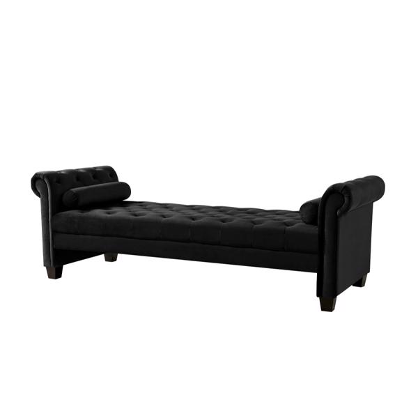 Black,  Solid Wood Legs Velvet Rectangular Sofa Bench with Attached Cylindrical Pillows 