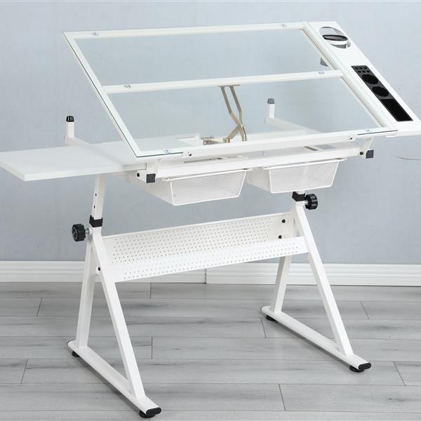 WHITE adjustable tempered glass drafting printing table with chair