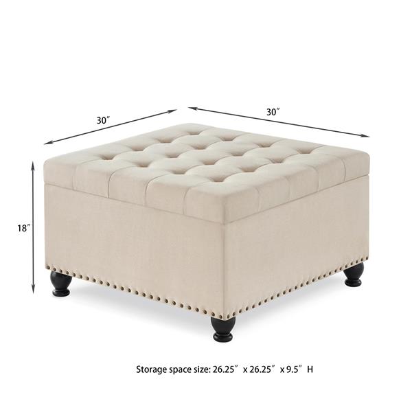 Large square storage ottoman with wooden legs, Upholstered button tufted coffee table with nail trims for Living Space,Beige