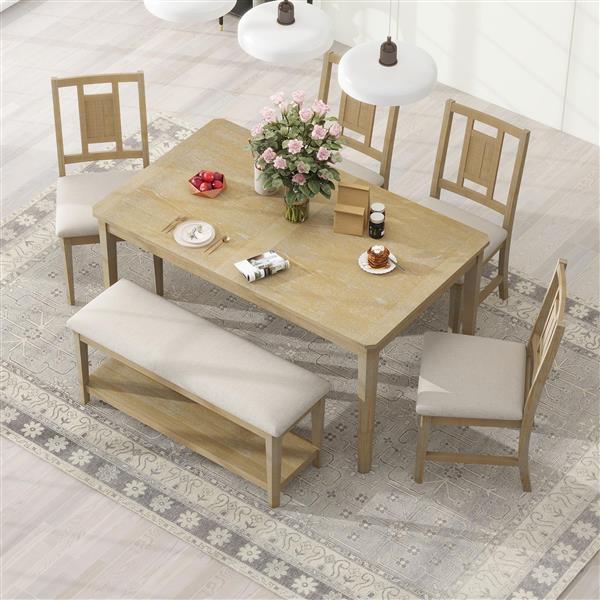 6-piece Retro Dining Set, Minimalist Dining Table and 4 upholstered chairs & 1 bench with a shelf for Dining Room(Natural Wood Wash)