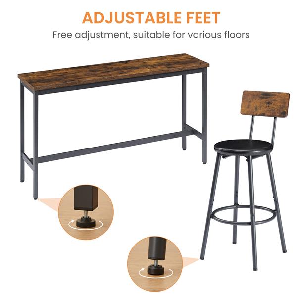 Long Bar Table Set with 3 PU Upholstered Bar Stools, Industrial Bar Table and Chairs for Kitchen Breakfast Table, Living Room, Banquet Hall, Rustic Brown and Black, 63″L x15.7"W x 37.5"H