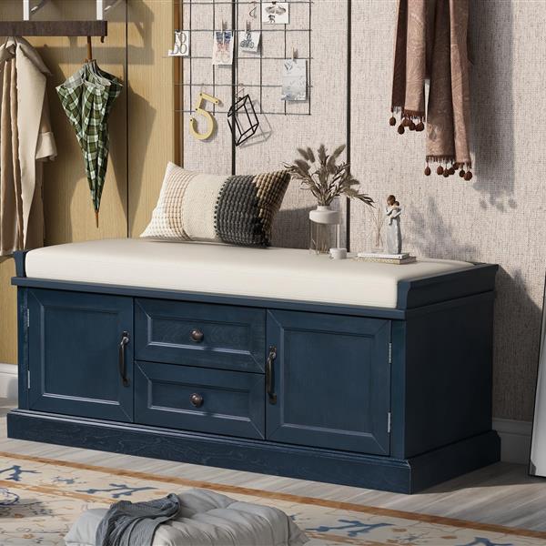 Storage Bench with 2 Drawers and 2 Cabinets, Shoe Bench with Removable Cushion for Living Room, Entryway (Antique Navy)