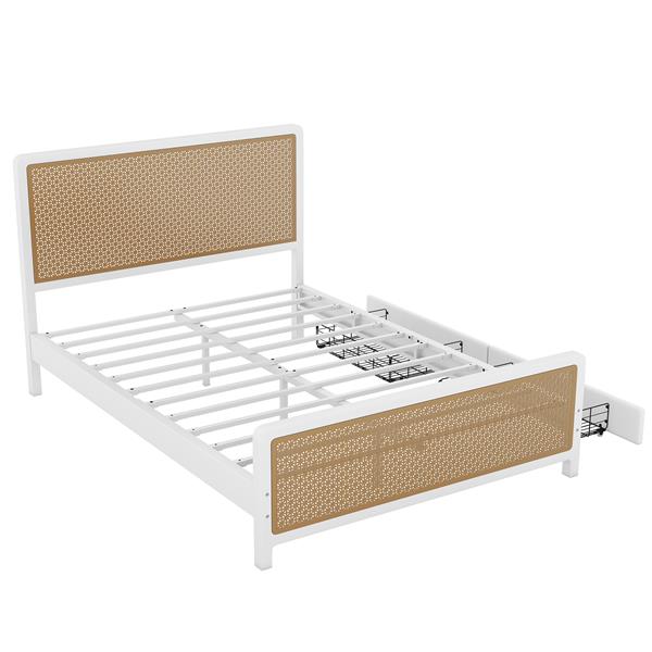 Queen Size Metal Platform Bed with 2 Drawers, White