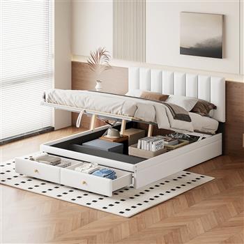 Queen Size Upholstered Bed with Hydraulic Storage System and Drawer, White