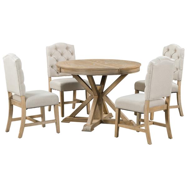 Functional Furniture Retro Style Dining Table Set with Extendable Table and 4 Upholstered Chairs for Dining Room and Living Room(Natural Wood Wash)