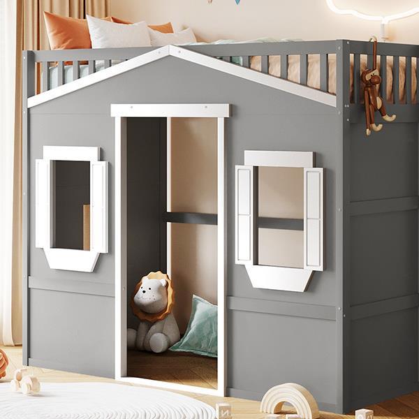 Twin Size House Loft Bed With Ladder-Gray+White Frame