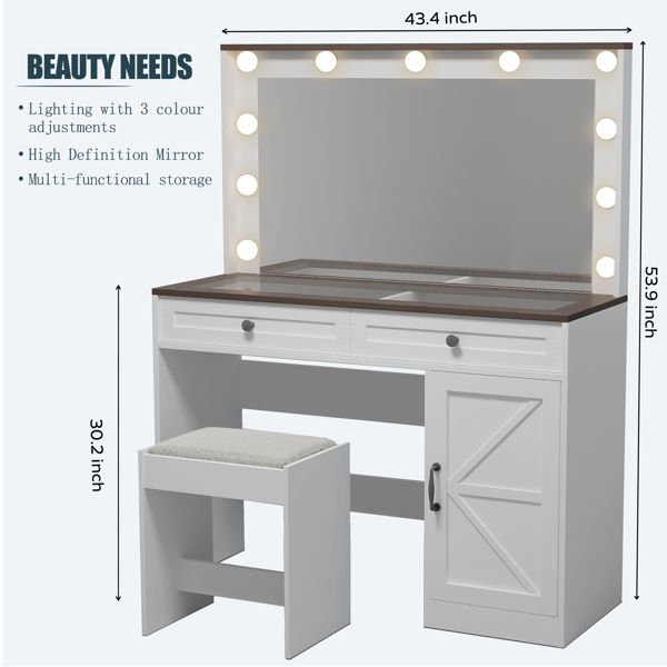 43.4"Makeup Vanity Table, Makeup Table with Large Mirror and 11 LED Light , Brightness Adjustable, Dressing Table Desk with 3 Drawers, Vanity Desk for Women(White with Stool) 