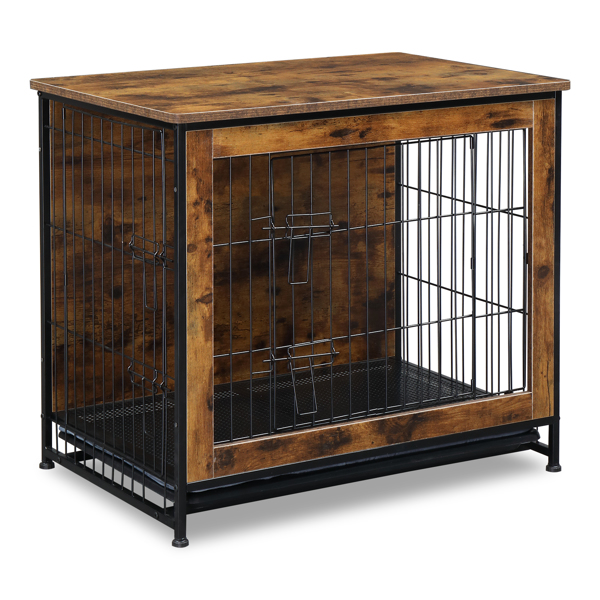 Dog Crate Furniture with Cushion, Wooden Dog Crate Table, Double Doors Dog Furniture, Indoor Dog Kennel, Dog House, Dog Cage, Rustic Brown