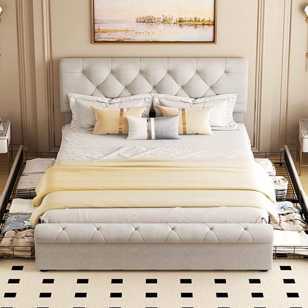 Full size Upholstered Platform bed with Four Drawers, Antique Curved Headboard, Linen Fabric, Beige (without mattress)