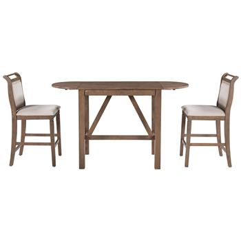 3-Piece Wood Counter Height Drop Leaf  Dining Table Set with 2 Upholstered Dining Chairs for Small Place, Brown