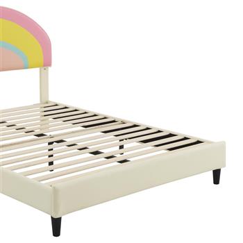 Full Size Upholstered Platform Bed with Rainbow Shaped and Height-adjustbale Headboard,LED Light Strips,Beige