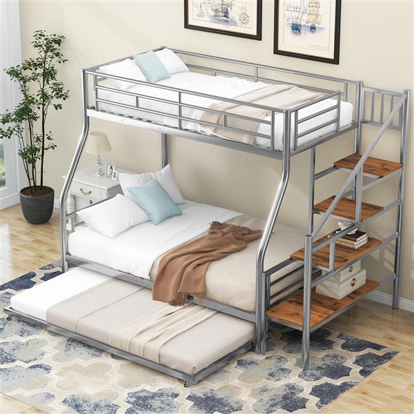 Twin over Full Size Metal Bunk Bed with Trundle and Storage Staircase, Silver