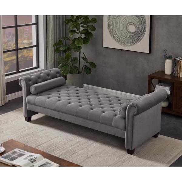 Dark Grey, Solid Wood Legs Velvet Rectangular Sofa Bench with Attached Cylindrical Pillows