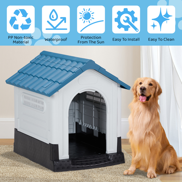 33 inch Large Plastic Dog House, Indoor Outdoor Doghouse Pet House with Air Vents and Elevated Floor, Insulated Water Resistant Puppy Shelter Kennel, Blue & White