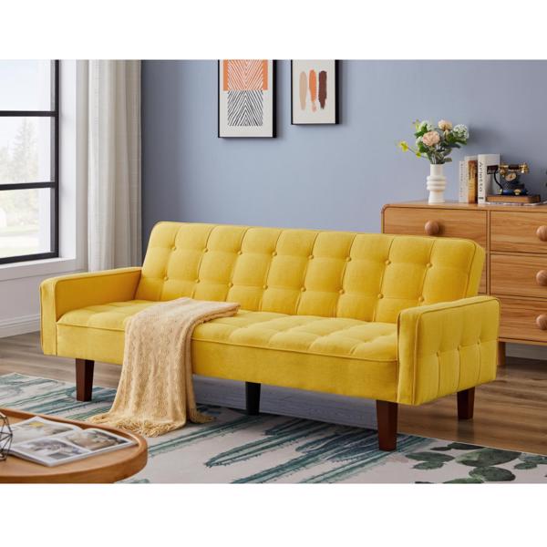 Yellow, Linen Futon Sofa Bed 73.62 Inch Fabric Upholstered Convertible Sofa Bed, Minimalist Style for Living Room, Bedroom.