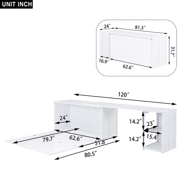 Queen Size Murphy Bed with Rotable Desk, White