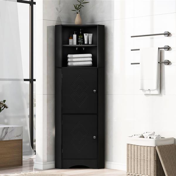 Tall Bathroom Corner Cabinet,  Storage Cabinet with Doors and Adjustable Shelves, MDF Board, Black