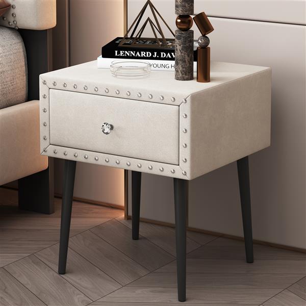 Modern Nightstands Set of 2 with Drawer and Crystal Handle, Elegant Rivet Velvet Design Bedside Table for Bedroom, Beige