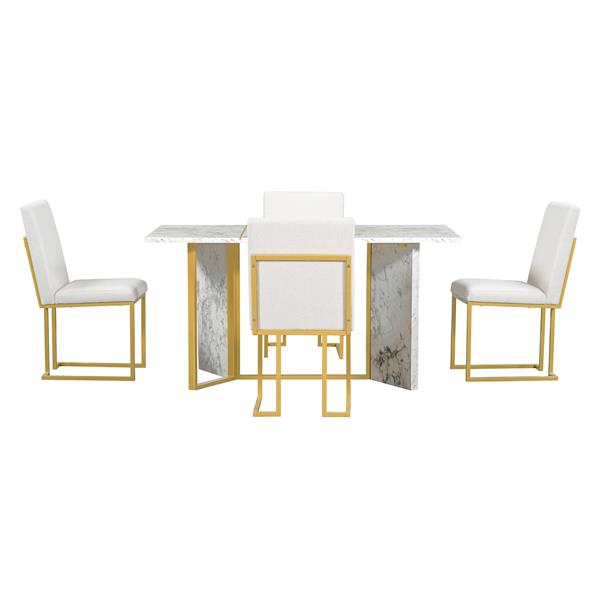 7-Piece Modern Dining Table Set, Artificial Marble Sticker Tabletop and 6 Upholstered Linen Chair All with lden Steel Legs for Dining Room and Kitchen (White + ld)