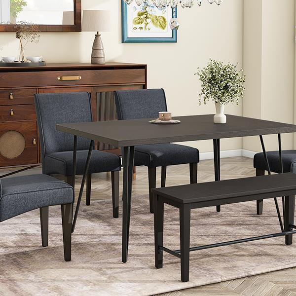 Modern 6-Piece Dining Table Set with V-Shape Metal Legs, Wood Kitchen Table Set with 4 Upholstered Chairs and Bench for 6,Espresso