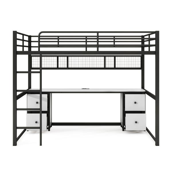 Full Size Metal Loft Bed with Desk, Drawers and Bedside Tray, Charging Station, USB and socket