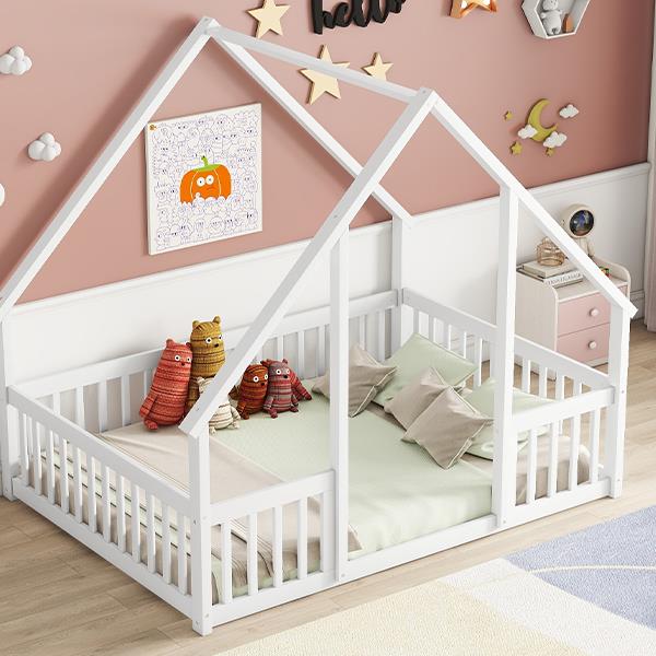 Full Wood House-Shaped Floor Bed with Fence, Guardrails,White