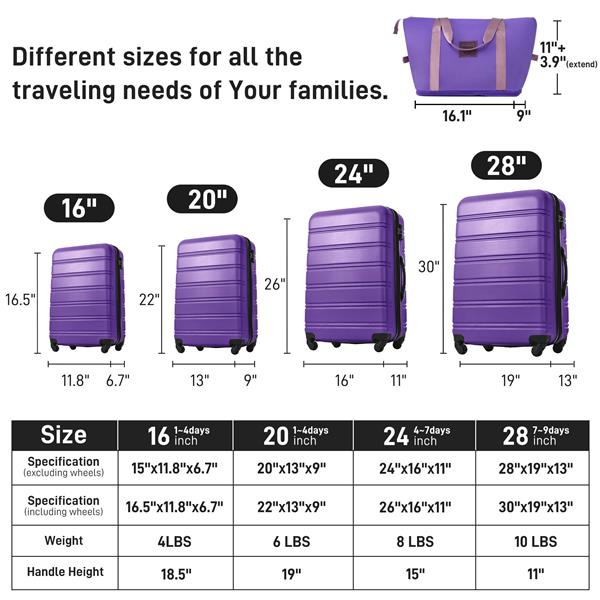 Hardshell Luggage Sets 4 pcs + Bag Spinner Suitcase with TSA Lock Lightweight-16"+20"+24"+28" Luggages