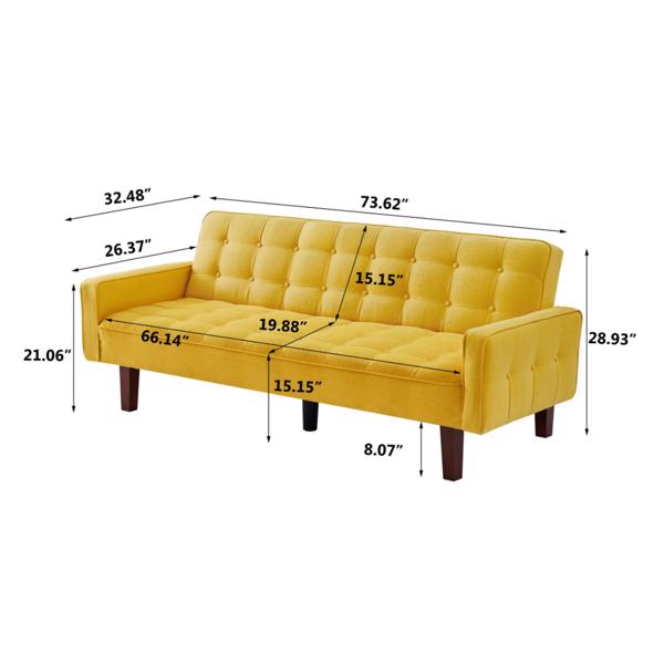 Yellow, Linen Futon Sofa Bed 73.62 Inch Fabric Upholstered Convertible Sofa Bed, Minimalist Style for Living Room, Bedroom.