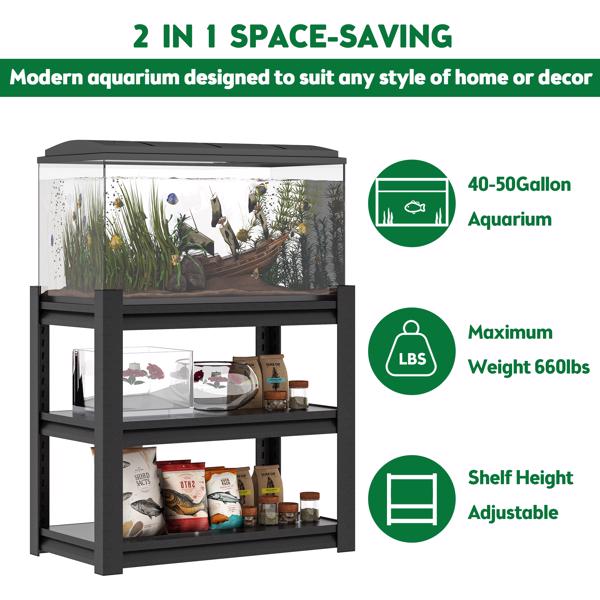 40-50 Gallon Fish Tank Stand - Metal Aquarium Stand, 31.5 "L x 18 "W x 34"H Adjustable Heavy Duty Reptile Tank Stand, Adjustable 3-Tier Fish Tank Rack Shelf for Home Office, Tank Not Included 