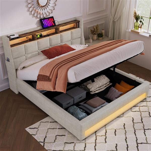 Full size Upholstered Platform bed with a Hydraulic Storage System, LED and USB Charging, Natural (without mattress)