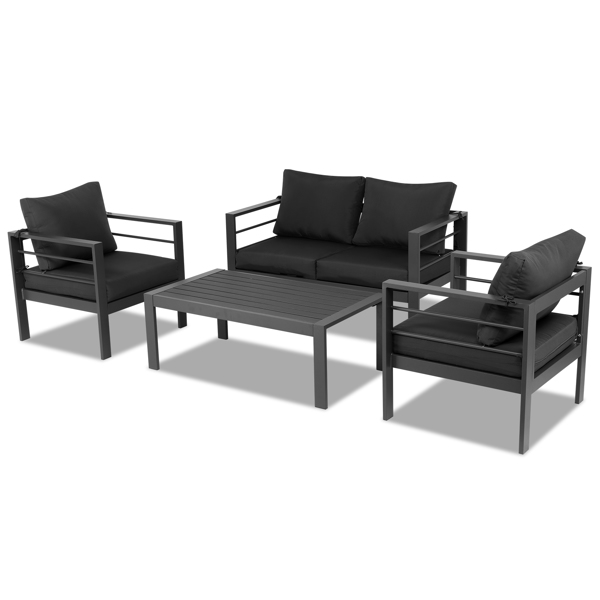 Aluminum Patio Furniture Set, 4 Pieces Modern Outdoor Conversation Set Sectional Sofa with Cushion and Coffee Table for Balcony Garden, Dark Grey