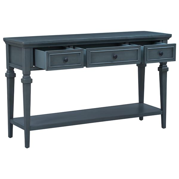 Classic Retro Style Console Table with Three Top Drawers and Open Style Bottom Shelf, Easy Assembly (Navy)