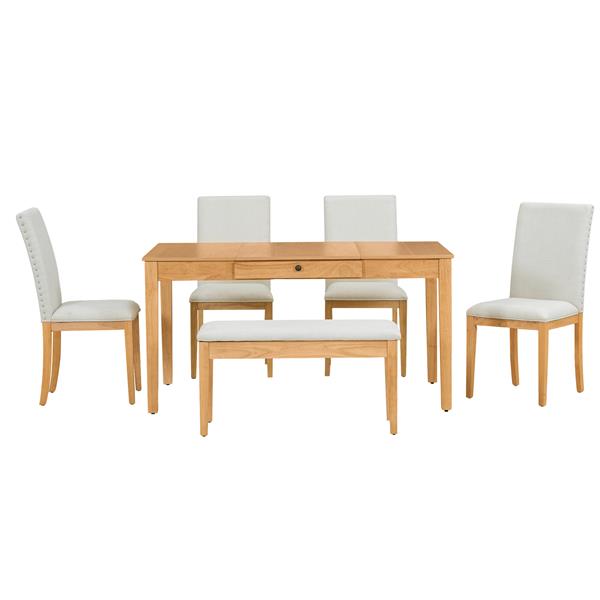 Farmhouse 6-Piece Dining Table Set with Storage Table, Kitchen Table Set with Drawer, Storable Bench and Upholstered Dining Chairs, Natural+Beige