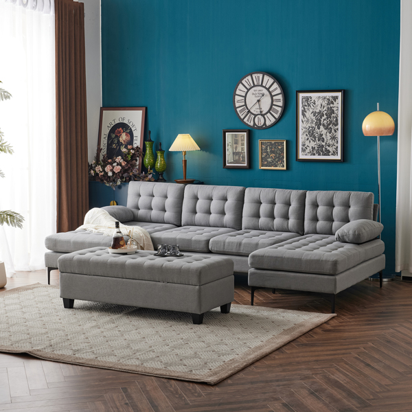 110 inch Sleeper Sectional Sofa Set with Storage Ottoman, U-Shaped 4-Seat Sofa Couch for Living Room, Light Grey ﻿