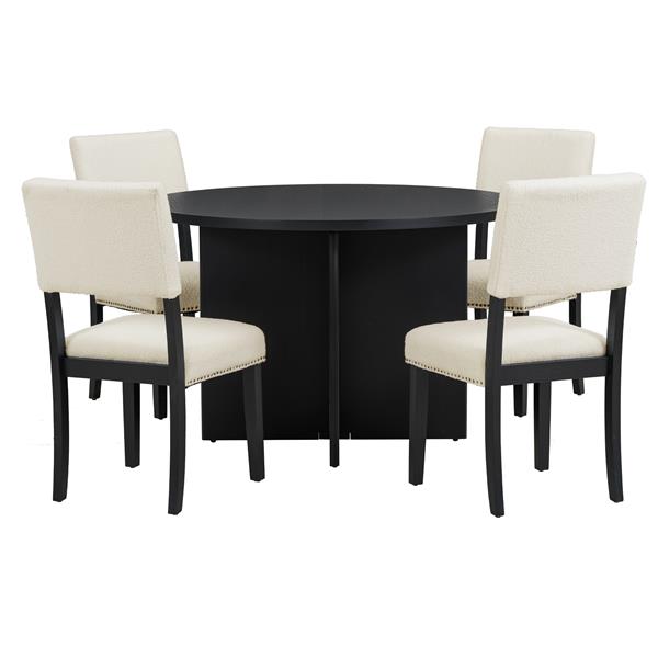 Modern 5-Piece Round Dining Table Set Pedestal Kitchen Table Set with 4 Upholstered Dining Chairs for Studio, Apartment, Small Places, Black