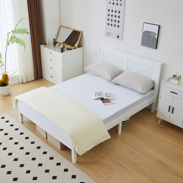 Queen Size Solid Wood Platform Bed Frame with Headboard White